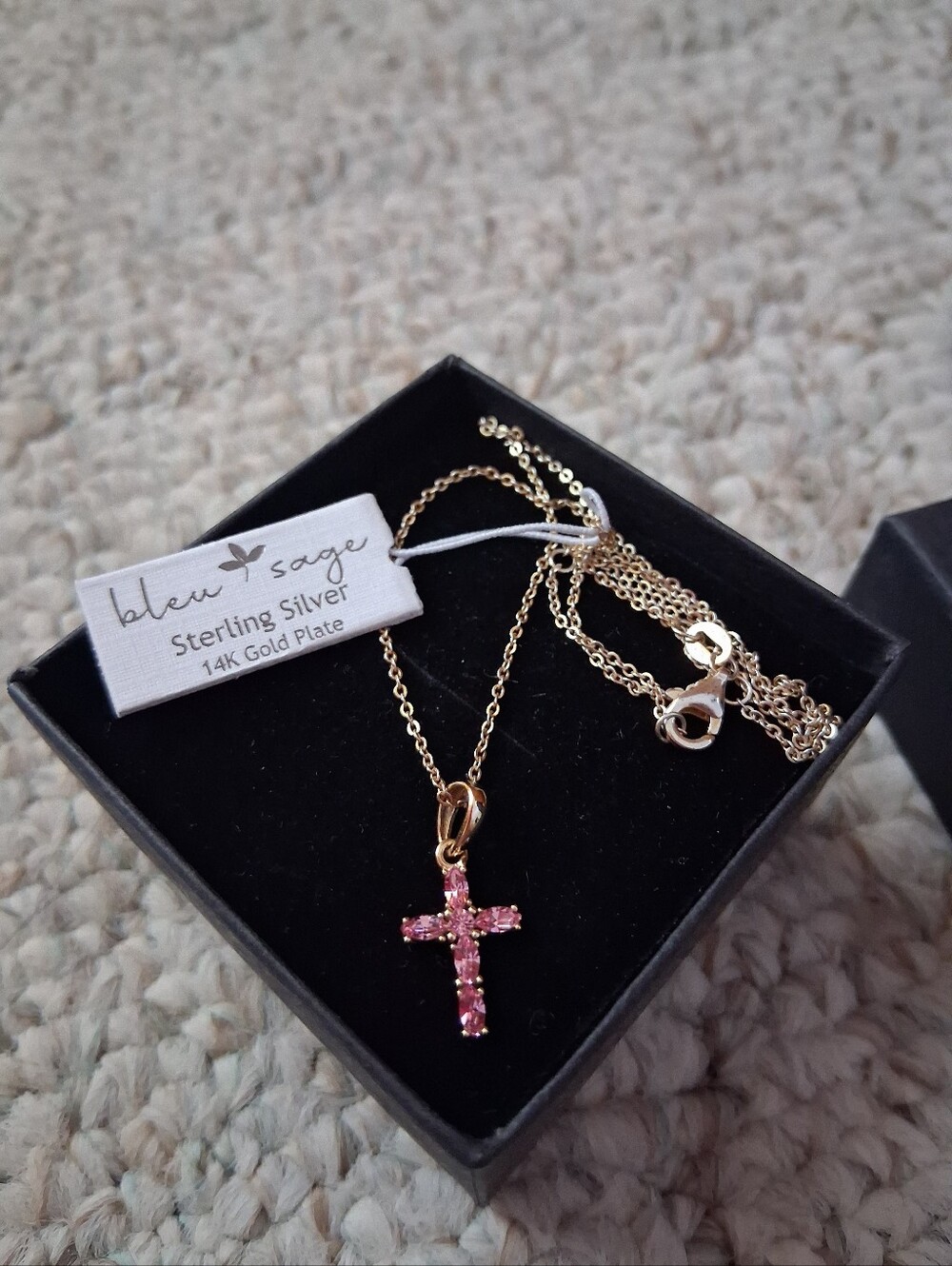 925 Sterling Silver 14K Gold-Plated Cross Necklace with Pink Stones